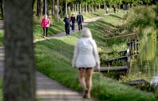 Människor som promenerar vid åkanten. 