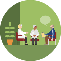 Illustration med vårdgivare och patient i vårdsituation 