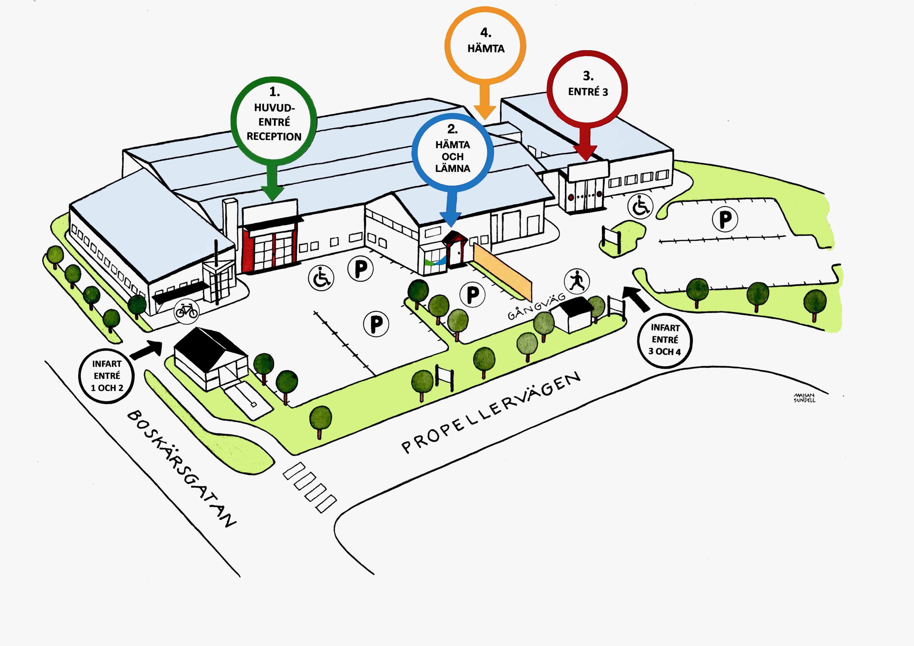 Centrum för hjälpmedels byggnad med olika entréer och parkeringar märkta