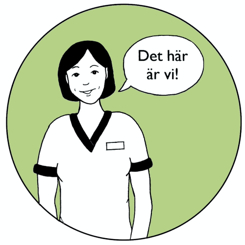 Tecknad kvinna klädd i arbetsdräkt säger: Det här är vi! Den tecknade personen ramas in av en grön cirkelformad bottenplatta. Illustration Majsan Sundell.