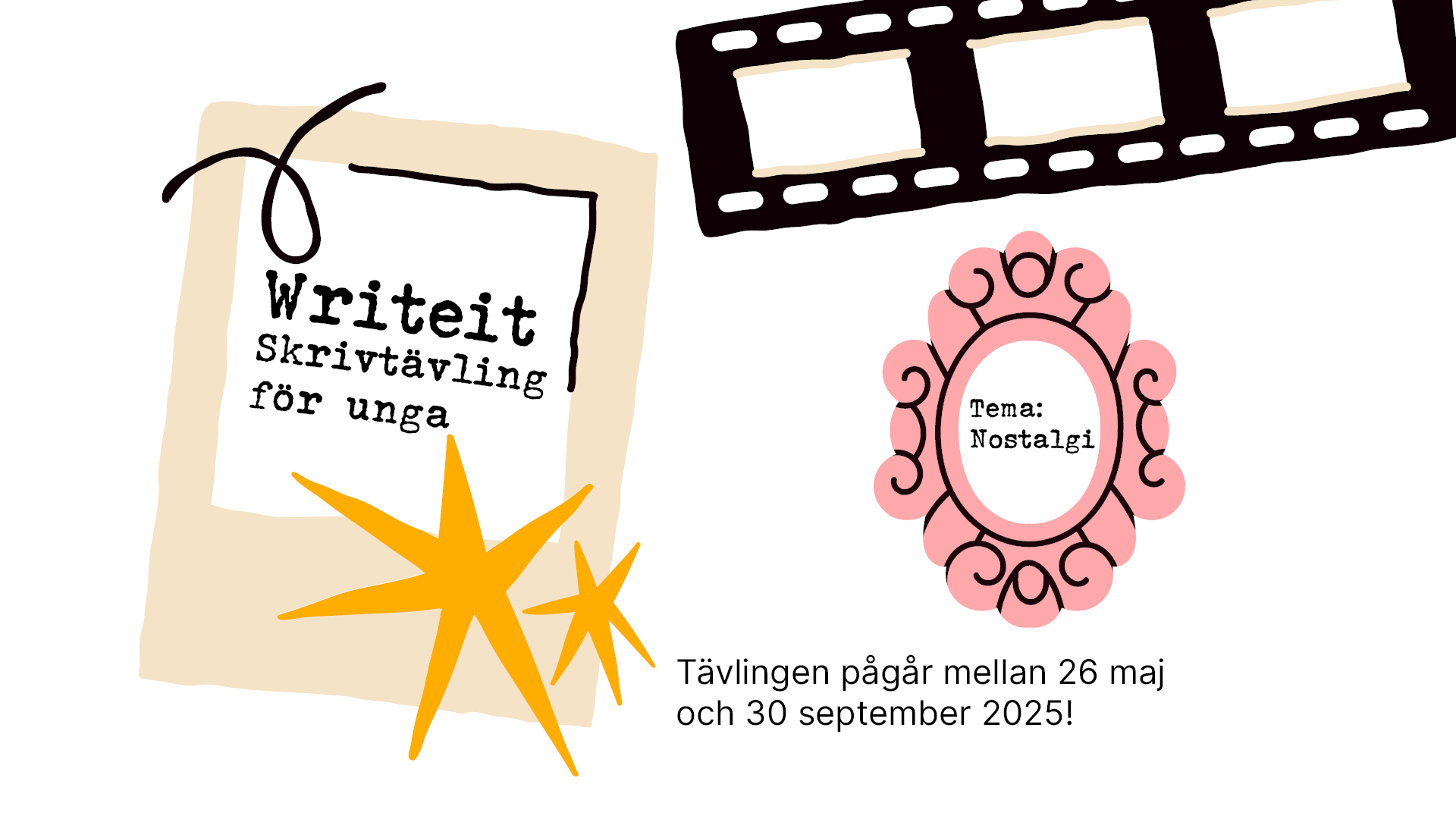 Bild om skrivtävlingen writeit 2025 som pågår mellan den 26 maj och 30 september. Skrivtävlingen är för unga och temat är nostalgi. Writeit sker i samverkan mellan Sensus, Tegelbruket och Region Örebro län.